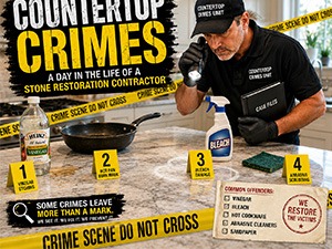 Infographic titled Countertop Crimes showing a stone restoration contractor at a workbench with four yellow numbered crime-scene labels 1–4.