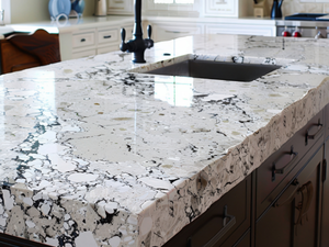 Kitchen island with a black-and-white speckled granite countertop, undermount sink, and black faucet; white cabinets visible in the background.