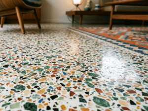 Low-angle view of a terrazzo floor with multicolored chips; a chair and sofa are visible in the background.